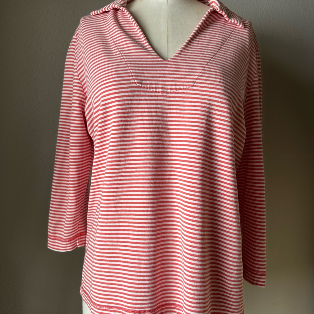 L.L. Bean Salmon and White Cream Preppy Striped Women's Top Size Small Fall